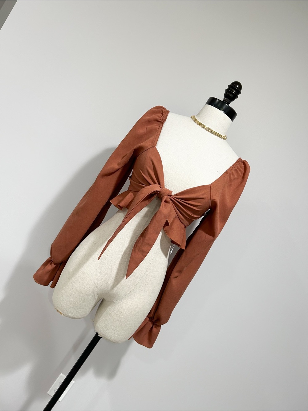 Tie-Front Long Sleeve Crop Blouse - Rust